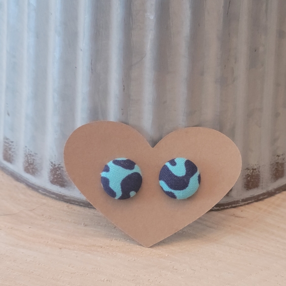 Blue Pattern Button Earrings - Picture 1 of 2